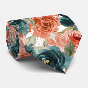 H2 Flowers Teal Green Rust Orange Roses Neck Tie