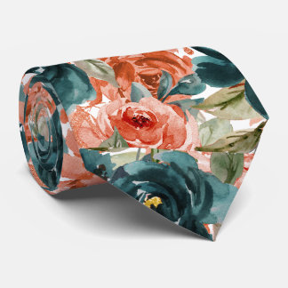 H2 Flowers Teal Green Rust Orange Roses Neck Tie