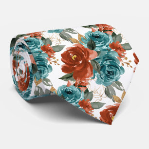 H2 Flowers Teal Green Rust Orange Roses Neck Tie