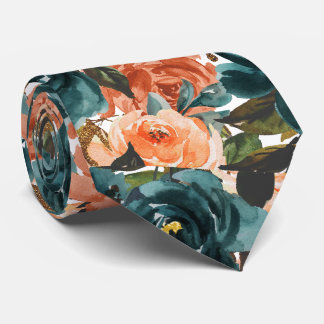 H2 Flowers Teal n Rust Orange Roses Neck Tie