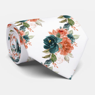 H2 Flowers Teal n Rust Orange Roses Neck Tie