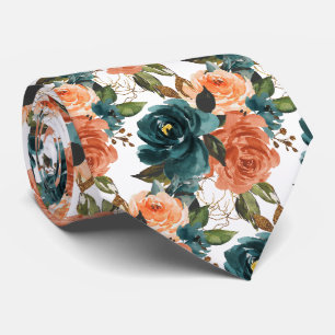 H2 Flowers Teal n Rust Orange Roses Neck Tie