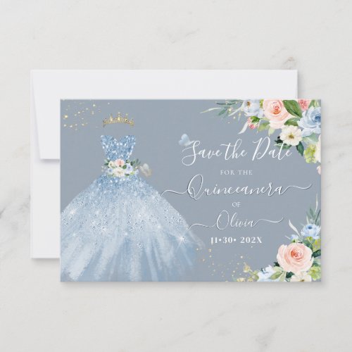 H2 Pink Blue Sparkling Quinceanera Dress Save Date Invitation