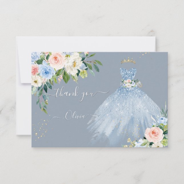 H2 Pink Blue Sparkling Quinceanera Dress Thank You Invitation (Front)