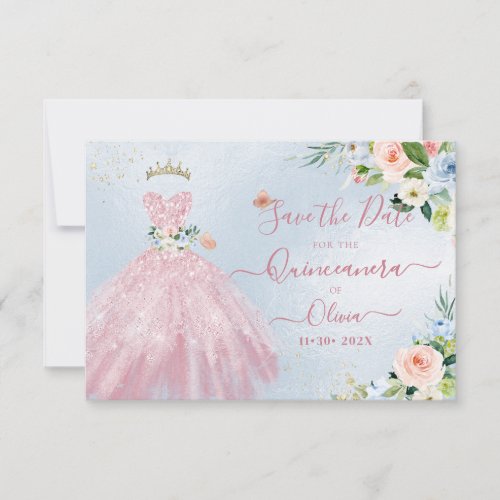 H2 Pink Sparkling Quinceanera Dress Save Date Invitation