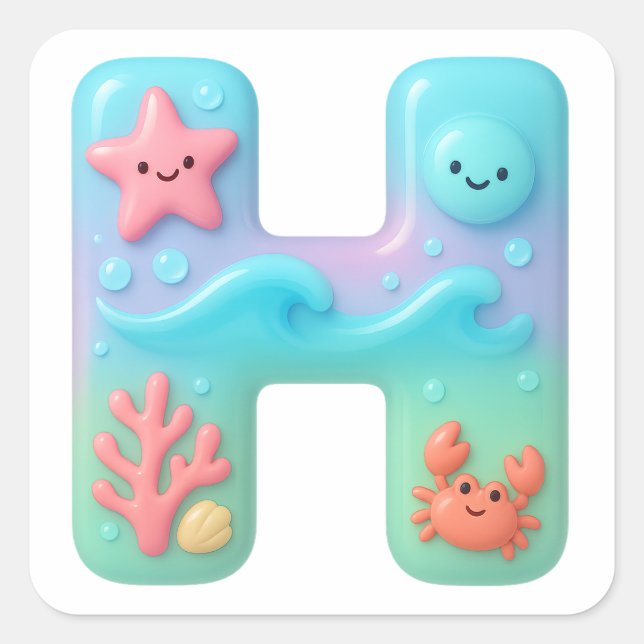  "H" Cute Letter - Underwater Sea Creature  Square Sticker (Front)