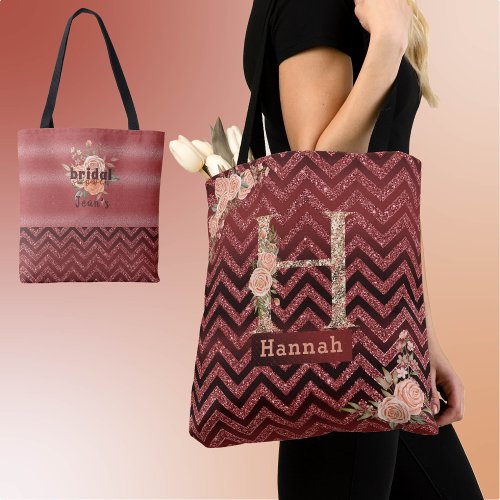 H_Dual Side_Peach Gold Glitter Floral Burgundy Tote Bag