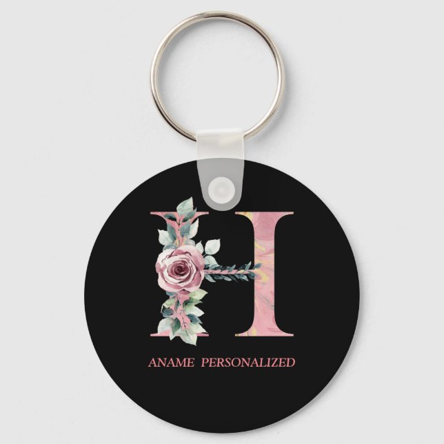 H Floral Monogram Name Letters Pink Agate Keychain (Front)
