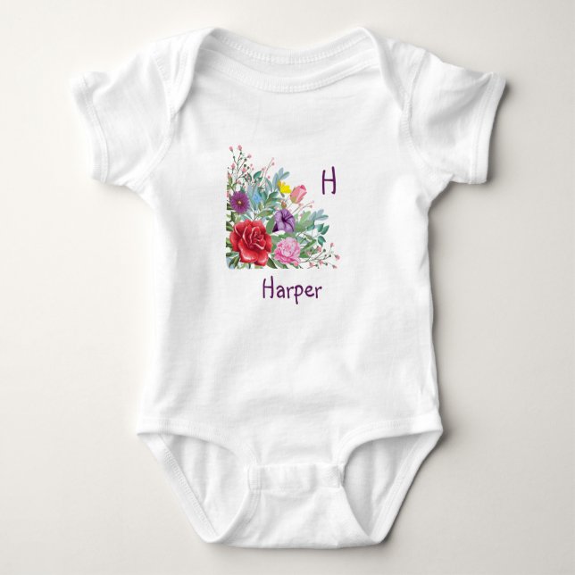 H Harper Personalize Letter Name, Rose Flowers Baby Bodysuit (Front)