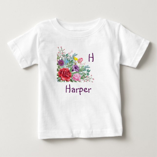 H Harper Personalize Letter Name, Rose Flowers Baby T-Shirt (Front)