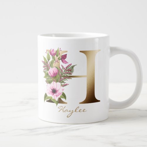 H Letter Gold Monogram  Pink Magenta Floral Giant Coffee Mug