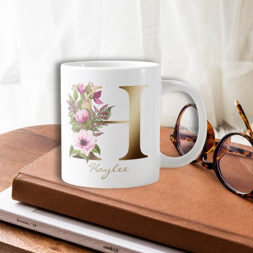 H Letter Gold Monogram  Pink Magenta Floral Giant Coffee Mug