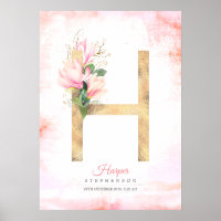 H Letter Monogram Gold Leaves Pink Magnolia Floral Poster