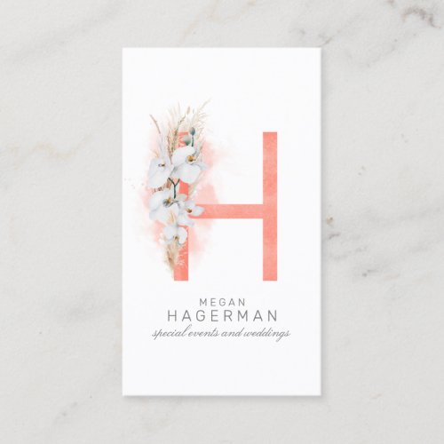 H Letter Monogram White Orchids and Pampas Grass Business Card