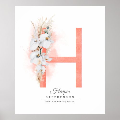 H Letter Monogram White Orchids and Pampas Grass Poster