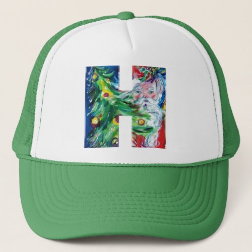 H LETTER  SANTA WITH CHRISTMAS TREE MONOGRAM TRUCKER HAT