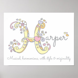 H monogram art Harper girls name meaning poster