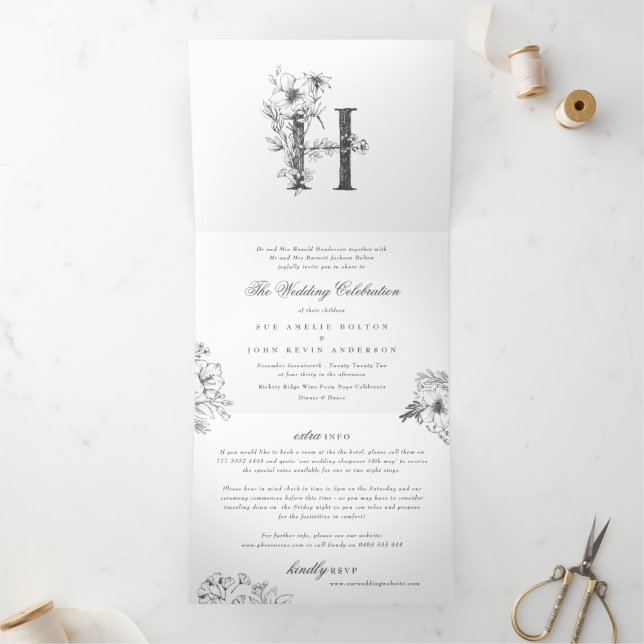 'H' Monogram Beautiful Sketched Floral Wedding Tri-Fold Invitation (Inside)