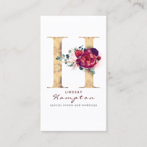 H Monogram Burgundy Red Flowers and Faux Gold Business Card