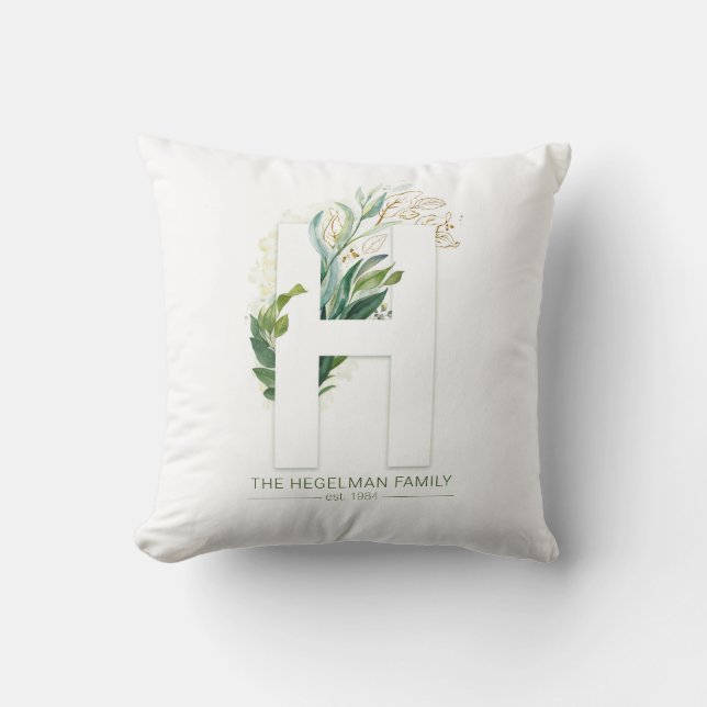 H Monogram Elegant Gold Greenery Family Name Throw Pillow (Front)