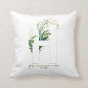 H Monogram Elegant Gold Greenery Family Name Throw Pillow