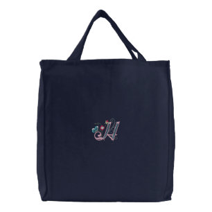 H monogram floral butterfly embroidered tote bag