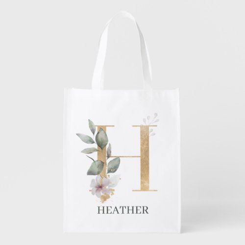 H Monogram Floral Personalized Grocery Bag