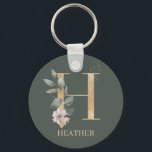 H Monogram Floral Personalized Keychain<br><div class="desc">Letter H monogram floral. Letter H in golden brown texture accented with green watercolor compound leaves,  flower blossoms and gold dust. Personalized with name in matching font.</div>