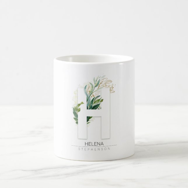 H Monogram Gold Greenery Leaves Elegant Name Coffee Mug (Center)