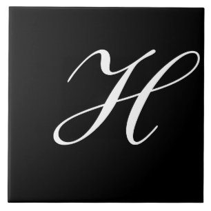 H Monogram Initial White on Black Ceramic Tile