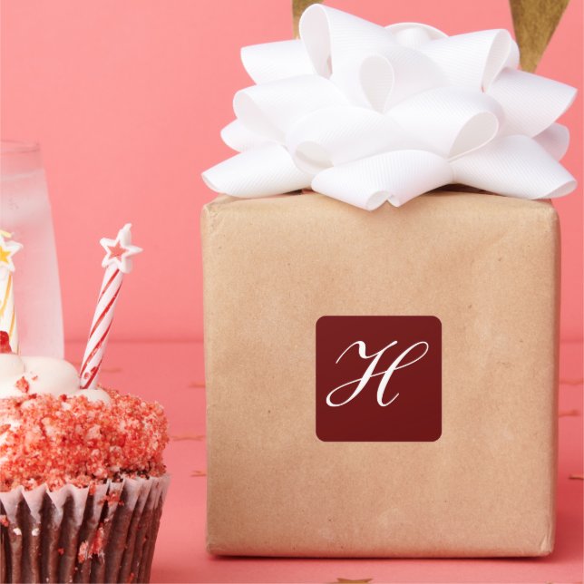 H Monogram Initial White on Maroon Square Sticker (Party)