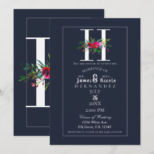 H Monogram Last Initial Modern Blue Floral Wedding Invitation