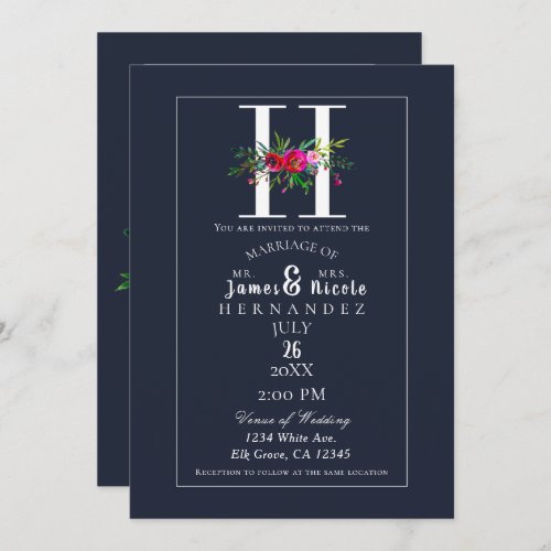 H Monogram Last Initial Modern Blue Floral Wedding Invitation