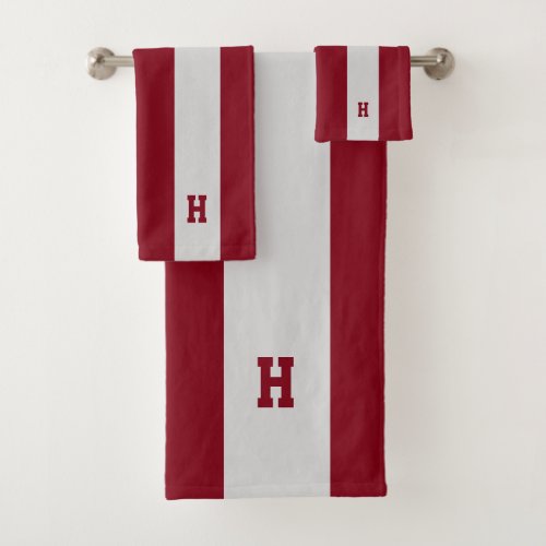 H Monogram on Crimson  Light Gray Striped Bath Towel Set