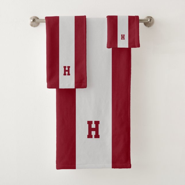H Monogram on Crimson & Light Gray Striped Bath Towel Set (Insitu)