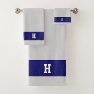 H Monogram on Light Gray & Blue Bath Towel Set