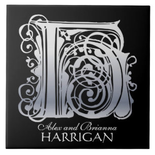 H Monogram "Silver Lace on Black" with Names Tile