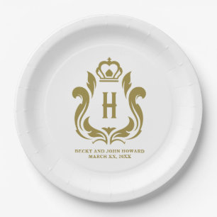 H Monogrammed Gold Crest Paper Plates