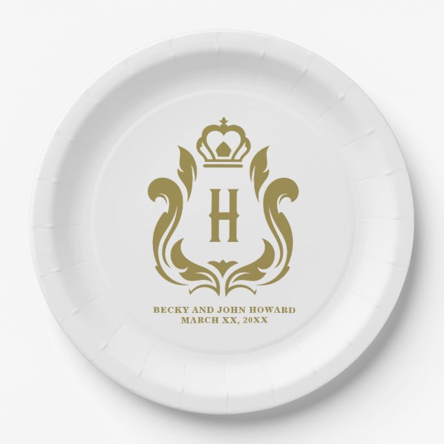 H Monogrammed Gold Crest Paper Plates (Front)