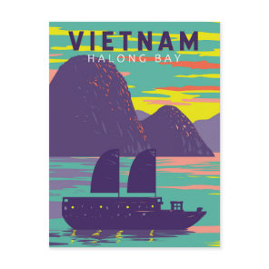 Ha Long Bay Vietnam Junk Boat Travel Art Vintage Postcard