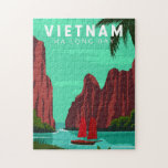 Ha Long Bay Vietnam Travel Vintage Art Jigsaw Puzzle<br><div class="desc">Ha Long Bay vector art design. Hạ Long Bay,  in northeast Vietnam,  is known for its emerald waters and thousands of towering limestone islands topped by rainforests.</div>