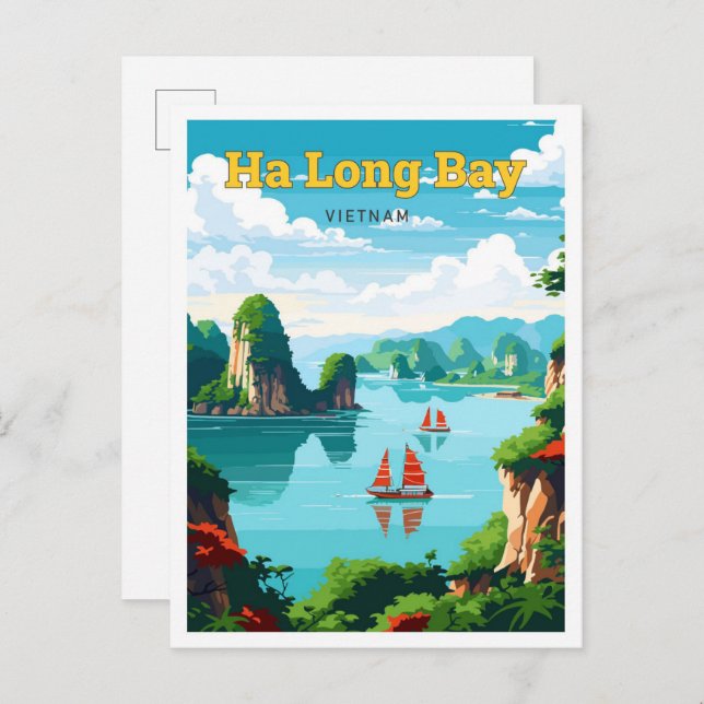 Ha Long Bay Vietnam Travel Vintage Illustration Postcard (Front/Back)