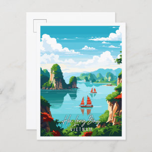 Ha Long Bay Vietnam vintage travel illustration Postcard