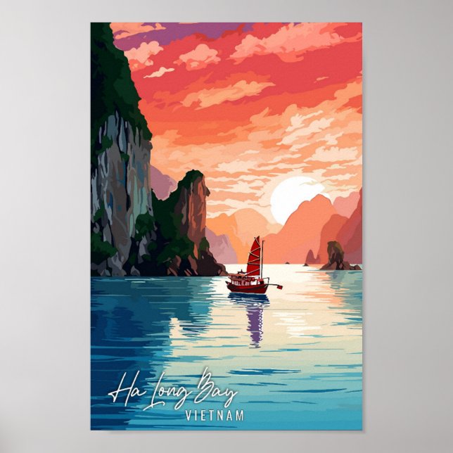 Ha Long Bay Vietnam vintage travel illustration Poster (Front)