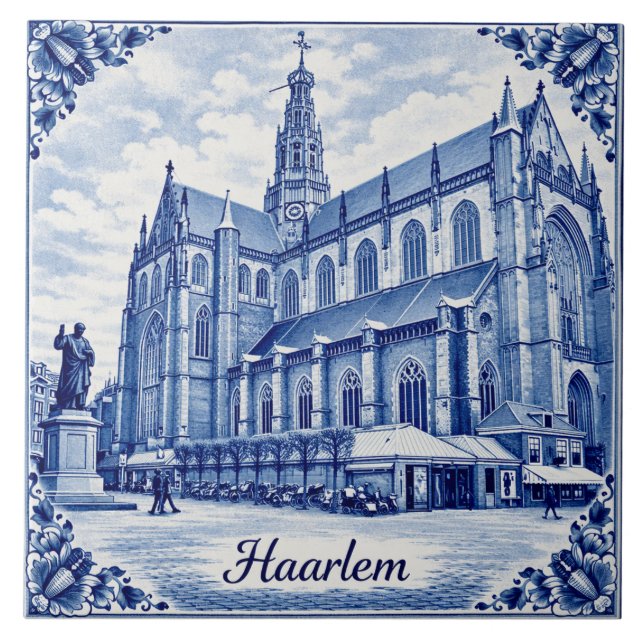 Haarlem church Delft Blue style ceramic tile (Front)