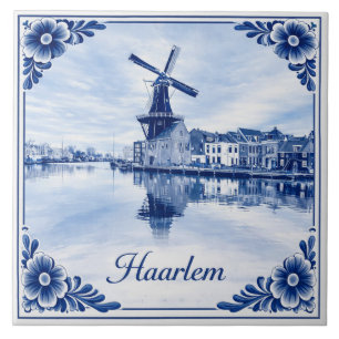 Haarlem windmill Delft Blue style ceramic tile