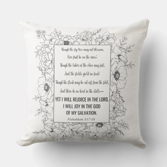 Habakkuk 3:17-18 Bible Verse Floral Line Art Outdoor Pillow (Front)