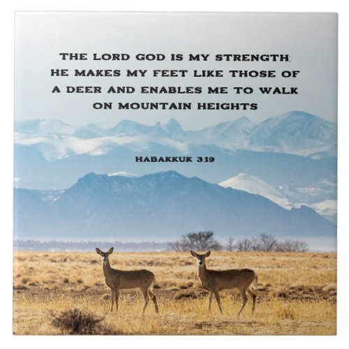 Habakkuk 319 Bible Verse Deer and Mountains Ceramic Tile