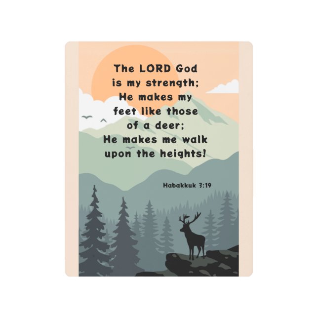 Habakkuk 3:19 Bible Verse Deer on Mountain Metal Print (Front)