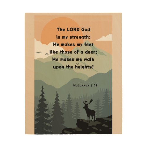 Habakkuk 319 Bible Verse Deer on Mountain Wood Wall Art